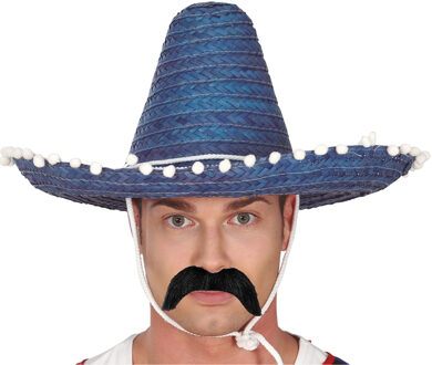 Smiffys Mexicaan Carnaval verkleed set - Grote sombrero hoed blauw - met plaksnor - heren