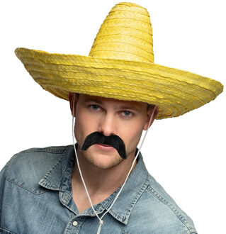 Smiffys Mexicaan Carnaval verkleed set - Grote sombrero hoed - Dia 49 cm - geel - met plaksnor - heren