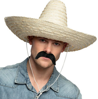 Smiffys Mexicaan Carnaval verkleed set - Grote sombrero hoed - Dia 49 cm - naturel - met plaksnor - heren
