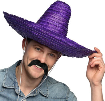 Smiffys Mexicaan Carnaval verkleed set - Grote sombrero hoed - Dia 49 cm - paars - met plaksnor - heren