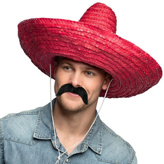 Smiffys Mexicaan Carnaval verkleed set - Grote sombrero hoed - Dia 49 cm - rood - met plaksnor - heren
