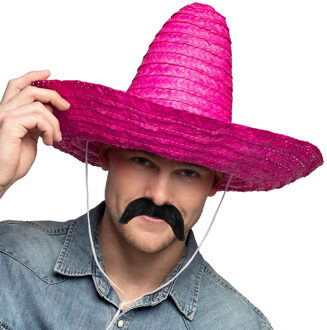 Smiffys Mexicaan Carnaval verkleed set - Grote sombrero hoed - Dia 49 cm - roze - met plaksnor - heren