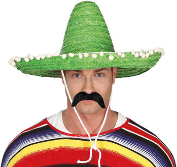 Smiffys Mexicaan Carnaval verkleed set - Grote sombrero hoed - Dia 50 cm - groen - met plaksnor - heren