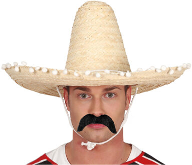 Smiffys Mexicaan Carnaval verkleed set - Grote sombrero hoed - Dia 50 cm - naturel - met plaksnor - heren