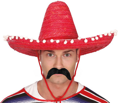 Smiffys Mexicaan Carnaval verkleed set - Grote sombrero hoed - Dia 50 cm - rood - met plaksnor - heren