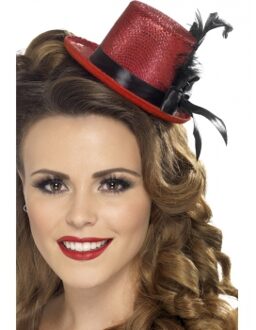 Smiffys Mini hoge hoed - rood - glitter - veer - carnaval