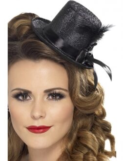 Smiffys Mini hoge hoed - zwart - met veer - glitter - met elastiek - volwassenen