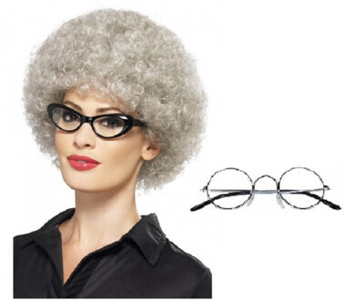 Smiffys Oma Sarah carnaval verkleed set pruik en brilletje