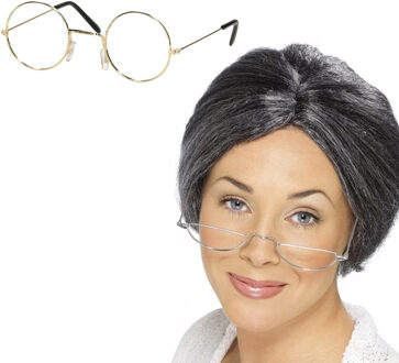 Smiffys Oma Sarah carnaval verkleed set - pruik grijs met knotje - en oma brilletje