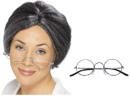 Smiffys Oma Sarah carnaval verkleed setje oma pruik grijs - en bril - voor 50 jaar pop