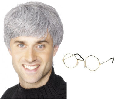 Smiffys Opa Abraham carnaval verkleed set pruik en brilletje