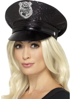 Smiffys Politie pet - zwart - pailletten - dames - politiepetje - agent - politie - verkleedaccessoires