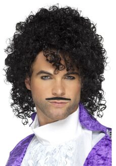 Smiffys Pruik en Snor 80s Purple Musician Zwart