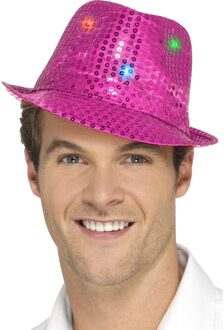 Smiffys Roze borsalino hoed met lovertjes en LED licht - Hoeden > Chique hoeden