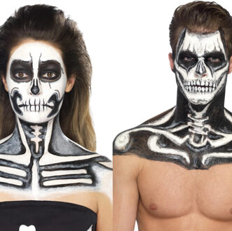 Smiffys Schmink set Skelet - zwart/wit - make-up - inclusief 2x spons - halloween - carnaval Multi