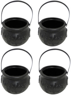 Smiffys Set van 4x stuks kleine zwarte heksenketel/kookpot 15 cm