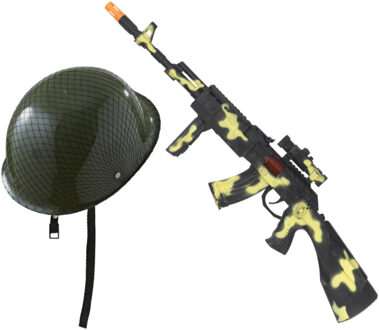 Smiffys Soldaat Carnaval verkleed accessoires set - Soldatenhelm - Kalashnikov machinegeweer 59 cm - wapens