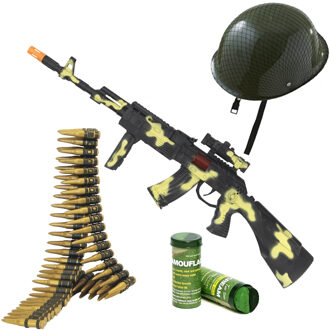 Smiffys Soldaten/militairen camouflage geweer 59 cm met kogelriem, helm en camouflage schminkstift volwassen