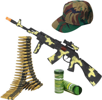 Smiffys Soldaten/militairen camouflage geweer 59 cm met kogelriem, pet en camouflage schminkstift volwassene