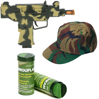 Smiffys Soldaten/militairen verkleedset Uzi geweer/camouflage pet en schminkstift volwassenen