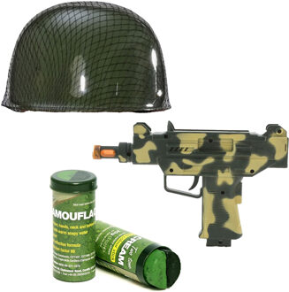 Smiffys Soldaten/militairen verkleedset Uzi geweer/helm en schminkstift volwassenen