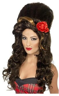 Smiffys Suikerspin Amy Winehouse look pruik - met roos - bruin - verkleed accessoires voor dames