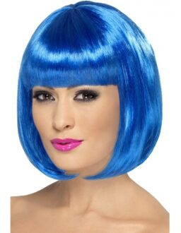 Smiffys Verkleed damespruik Bob-line kapsel - Blauw - met pony - Carnaval pruiken