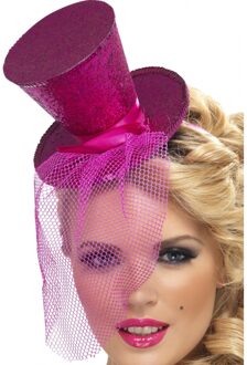 Smiffys Verkleed mini hoedje - roze - op diadeem - glitter and glamour