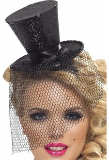 Smiffys Verkleed mini hoedje - zwart - op diadeem - glitter and glamour