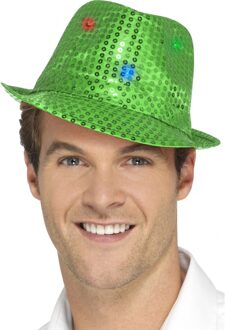 Smiffys Verlicht verkleed hoed - groen - pailletten - LED lichtjes - verlichting - trilby hoed