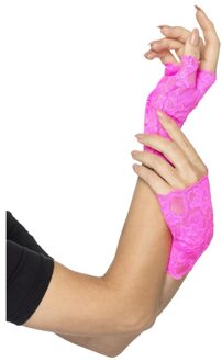 Smiffys Vingerloze verkleed handschoenen kant - neon roze - one size - jaren 80