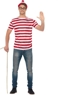Smiffys Waar is Wally verkleedset - voor heren - rood/wit - t-shirt/bril/muts - verkleden - carnaval