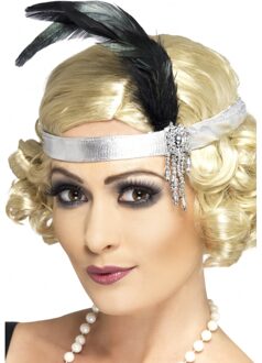 Smiffys Zilver/zwart Charleston thema verkleed hoofdband voor dames - Jaren 20 accessoires - Roaring Twentie