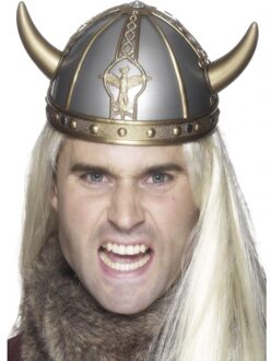 Smiffys Zilveren Viking verkleed helm met gouden hoorns