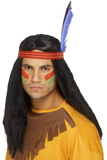 Smiffys Zwarte indianen pruik met hoofdband voor volwassenen