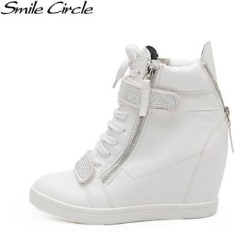 Smile Circle Wedges Sneakers Women High heel Platform Shoes Fashion PU leather High-top Casual sneakers