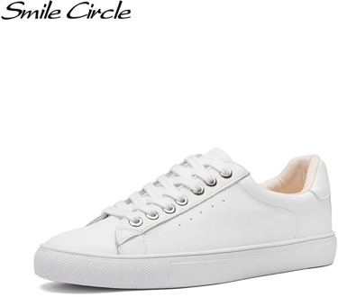 Smile Circle White Sneakers Women Genuine Leather Low-Heel Flat Platform Ladies Lace-Up Fashion White Shoes Women size 36-42