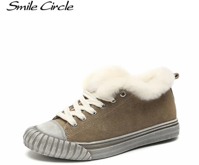 Smile Circle Winter Sneakers Women Suede Cow leather Fur warm Flat platform Shoes Women Lace-up Casual shoes