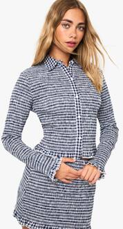 Smocked Gingham Crop Top Met Lange Mouwen, Navy - 42