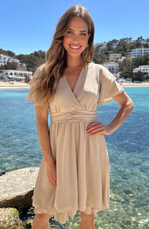 Smocked Waistband Dress Short Sleeve Beige