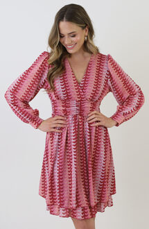 Smocked Waistband Lurex Jurk Roze Rood Bordeauxrood/Roze