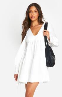 Smockjurk Met Gelaagde Plooi En Pofmouwen, White - 44