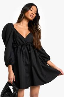 Smockjurk Met Pofmouwen En Diepe V-Hals, Black - 36