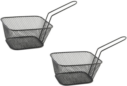 Snackmandje - 2x stuks - zwart - 14 x 11 x 7 cm - RVS - patat - frietmandje - serveermandjes