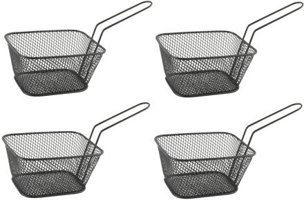 Snackmandje - 4x stuks - zwart - 14 x 11 x 7 cm - RVS - patat - frietmandje - serveermandjes