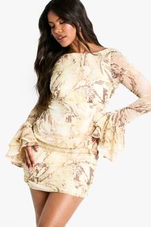 Snake Chiffon Ruffle Mini Jurk, Brown - 42