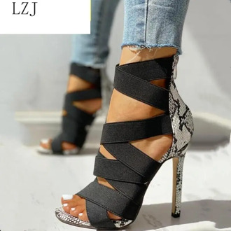 Snake Summer Shoes Woman Pumps High Thin Heels Pointed Toe Rhinestone Gladiator Pumps Party Sexy Shoes Prom Shoes