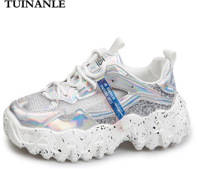 Sneakers Women Autumn 2020 Fashion Chunky Women Shoes Sequined Mesh Bling Breathable Sneakers Red Silver Tenis Feminino TUINANLE