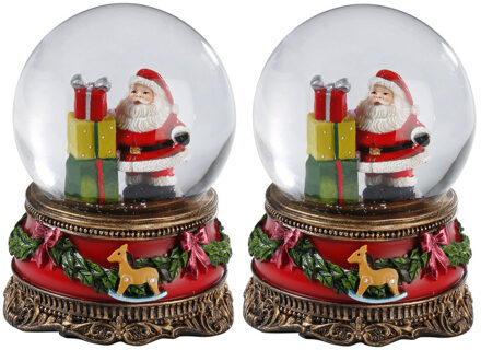 Sneeuwbol/snowglobe - 2x - kerstman met cadeaus - 9 cm - glas/polyresin