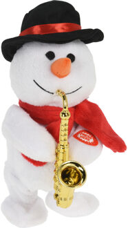 Sneeuwpop knuffel pop/figuur - 21 cm - saxofoon - met beweging en geluid